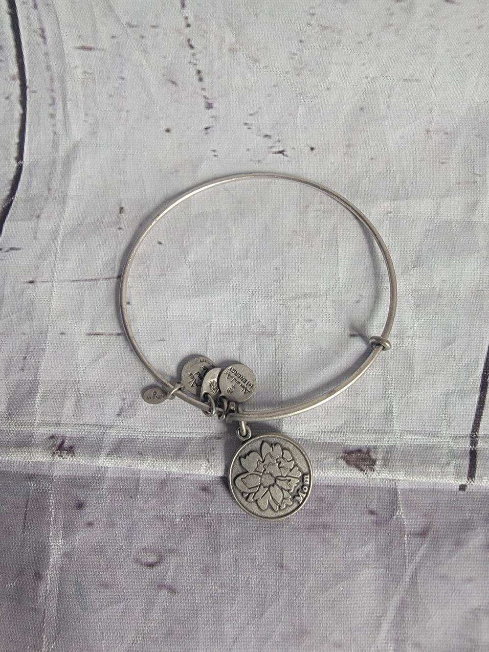 ALEX & ANI Flower Mom Peony Charm Expandable Wire Bracelet Silver Finish